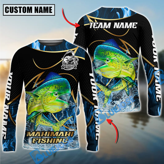 Bluejose Mahi-Mahi Fishing Water Splash Navy Gold Pattern Custom Name & Team Name 3D Shirts
