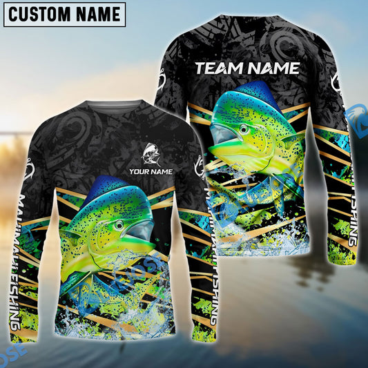 Bluejose Mahi-Mahi Fishing Black Gold Splash Dynamic Pattern Custom Name & Team Name 3D Shirts