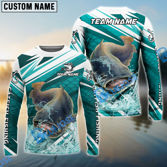Bluejose Catfish Fishing Cyan Scale Pattern Splash Water Custom Name & Team Name 3D Shirts
