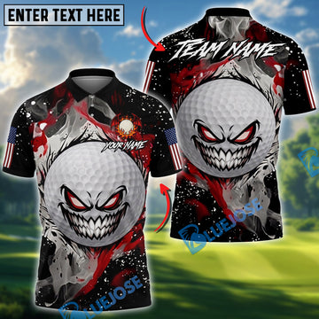 BlueJose Golf Evil Fire Monster American Flag Design Personalized Name, Team Name 3D Shirt (4 Colors)
