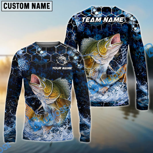 Bluejose Fishing Dark Navy Hexagon Water Splash Pattern Custom Name & Team Name 3D Shirts (12 Breeds)