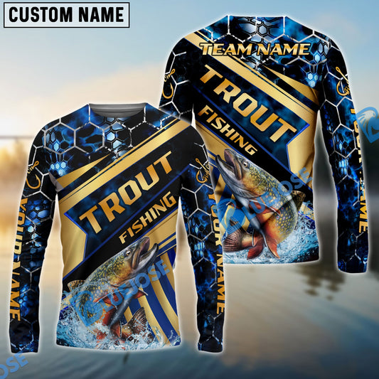 Bluejose Fishing Navy Hexagon Gold Stripe Custom Name & Team Name 3D Shirts (12 Breeds)