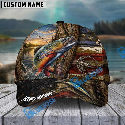 BlueJose Fishing Rustic Wooden American Flag Personalized Name Classic 3D Cap (13 Breeds)