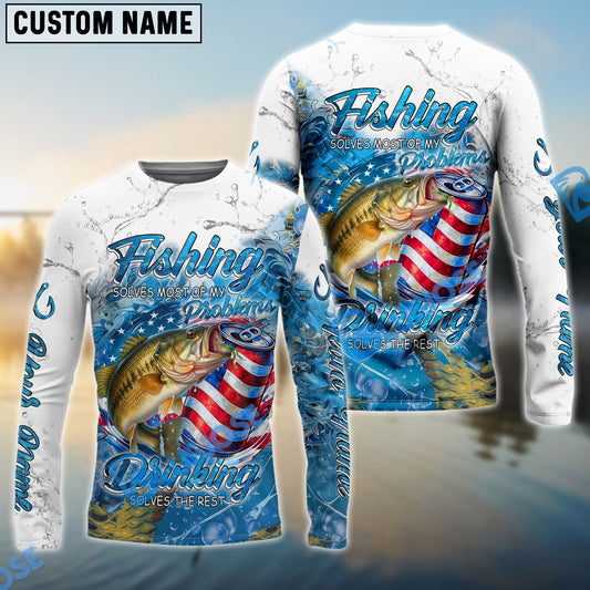 Bluejose Bass Fishing Beer & Fishing Flag Quote ‚ÄúFishing solves most of my problems, drinking solves the rest‚Äù Dynamic Strike Pattern New Custom Name & Team Name 3D Shirts