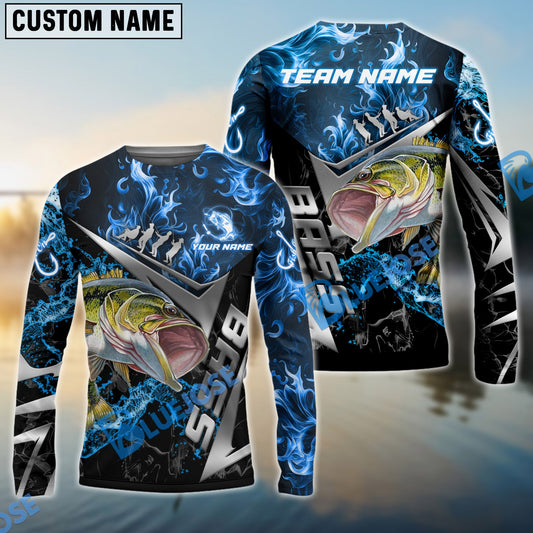 Bluejose Bass Fishing Silver Line Blue Flame New Custom Pattern Name & Team Name 3D Shirts