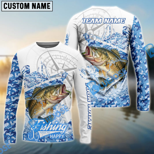 Bluejose Bass Fishing Blue Camouflage Compass Hook Design Pattern Custom Name & Team Name 3D Shirts