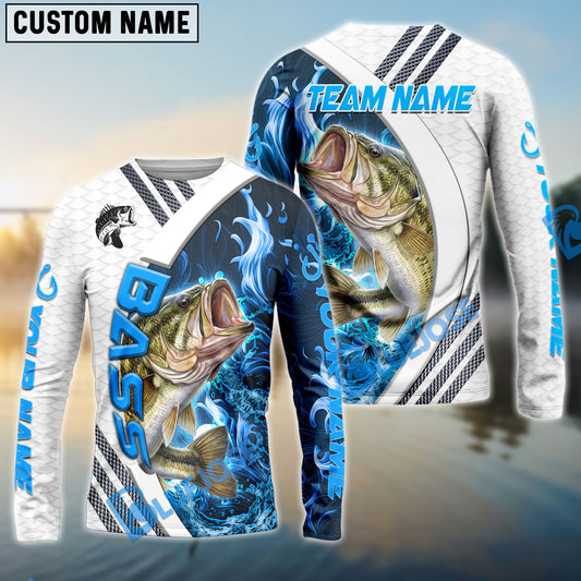 Bluejose Bass Fishing White Blue Lava Sport Custom Name & Team Name 3D Shirts