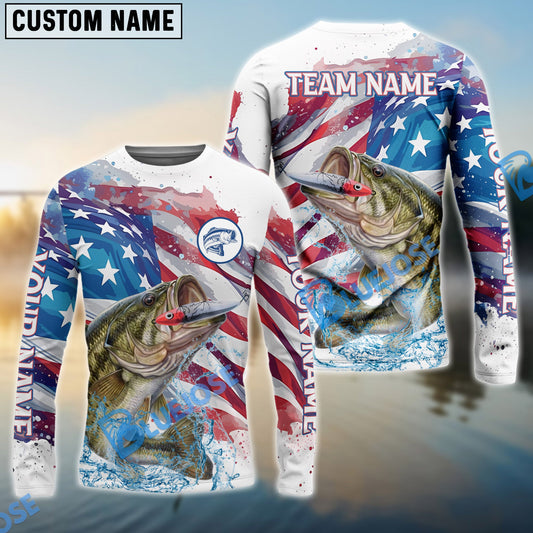Bluejose Bass Fishing Watercolor USA Flag Custom Name & Team Name Shirts