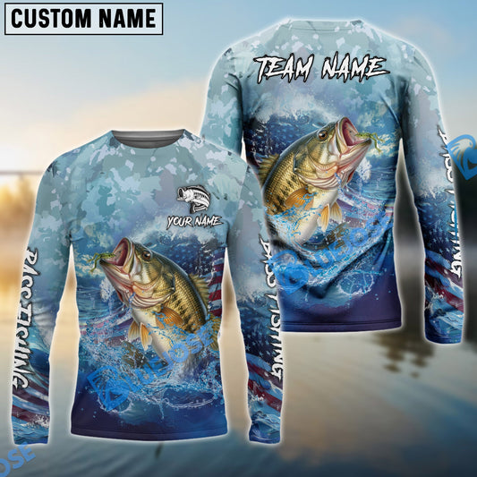Bluejose Bass Fishing American Flag Seawave Custom Name & Team Name 3D Shirts