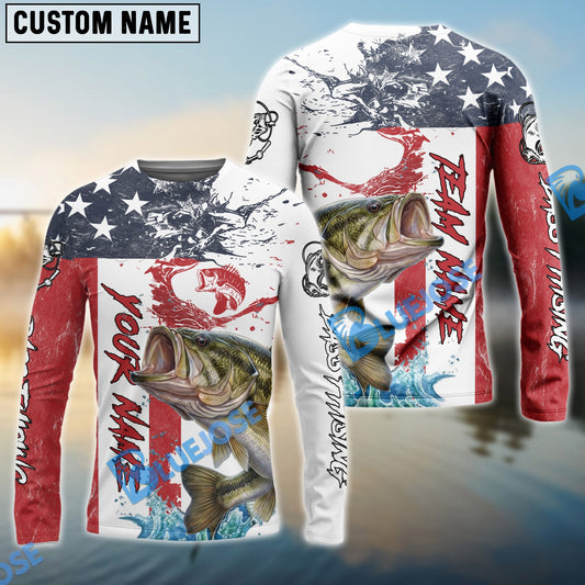 Bluejose Bass Fishing American Flag Red Blue Seawave Custom Name & Team Name 3D Shirts
