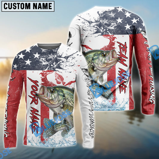 Bluejose Crappie Fishing American Flag Red Blue Seawave Custom Name & Team Name 3D Shirts