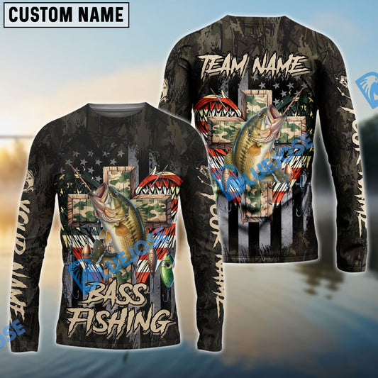 Bluejose Bass Fishing American Flag Camo Cross Gear Custom Name & Team Name 3D Shirts