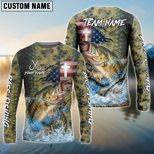 Bluejose Bass Fishing American Flag Camo Cross Skin Custom Name & Team Name 3D Shirts