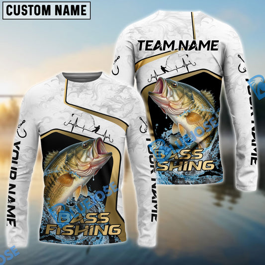 Bluejose Bass Fishing White Marble & Gold Trim Splash Heartbeat Line Custom Name & Team Name 3D Shirts