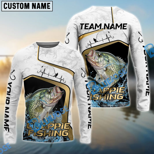 Bluejose Crappie Fishing White Marble & Gold Trim Splash Heartbeat Line Custom Name & Team Name 3D Shirts