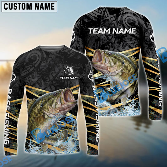 Bluejose Bass Fishing Black Gold Splash Dynamic Pattern Custom Name & Team Name 3D Shirts