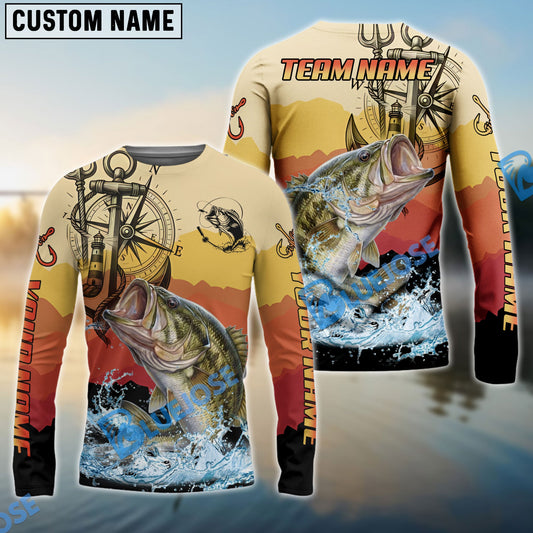 Bluejose Bass Fishing Sunset Compass Custom Name & Team Name 3D Shirts