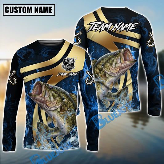 Bluejose Bass Fishing Luxury Gold Wave Water Splash Design Custom Name & Team Name 3D Shirts