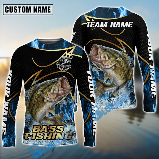Bluejose Bass Fishing Water Splash Navy Gold Pattern Custom Name & Team Name 3D Shirts