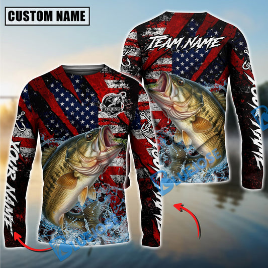 Bluejose Bass Fishing American Flag Grunge Red Scratch Custom Name & Team Name 3D Shirts