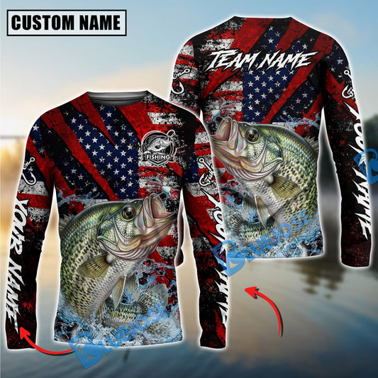 Bluejose Crappie Fishing American Flag Grunge Red Scratch Custom Name & Team Name 3D Shirts