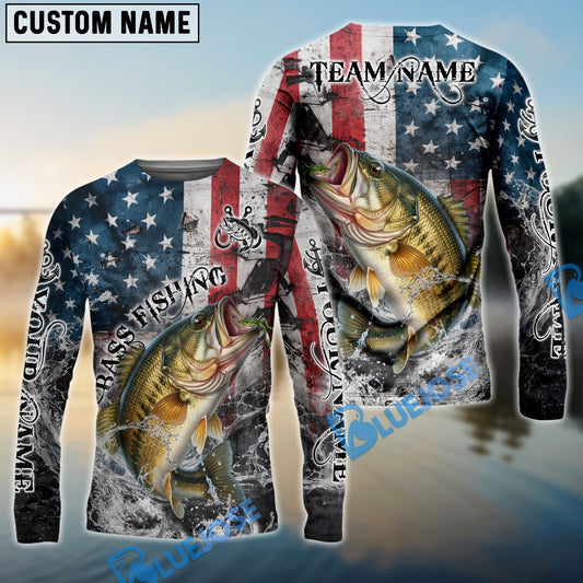 Bluejose Bass Fishing American Flag Vintage Splash Art Custom Name & Team Name 3D Shirts
