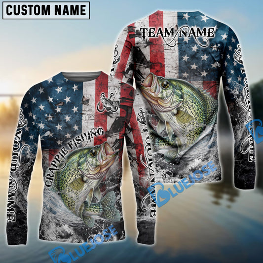 Bluejose Crappie Fishing American Flag Vintage Splash Art Custom Name & Team Name 3D Shirts