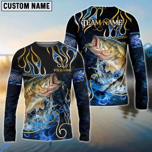 Bluejose Bass Fishing Flame Dark Blue Luxury Pattern Custom Name & Team Name 3D Shirts