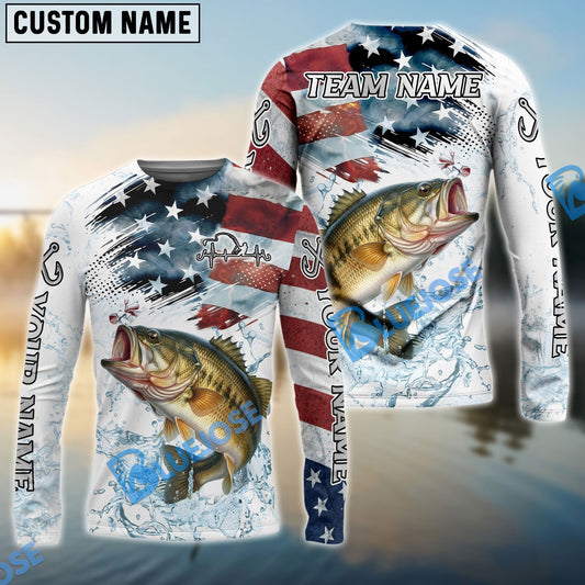 Bluejose Bass Fishing Patriotic Water Splash Theme Custom Name & Team Name 3D Shirts
