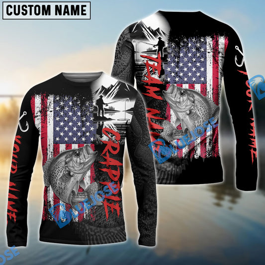Bluejose Crappie Fishing  Black US Flag Sport Custom Name & Team Name 3D Shirts