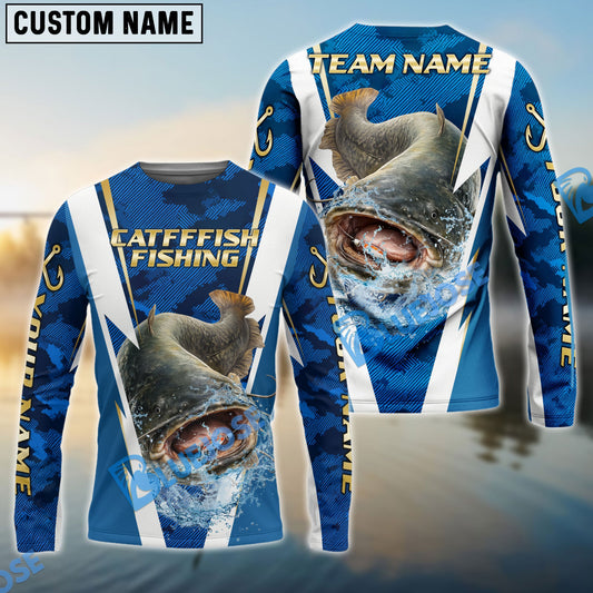 Bluejose Catfish Fishing Blue Camo Performance Custom Name & Team Name 3D Shirts