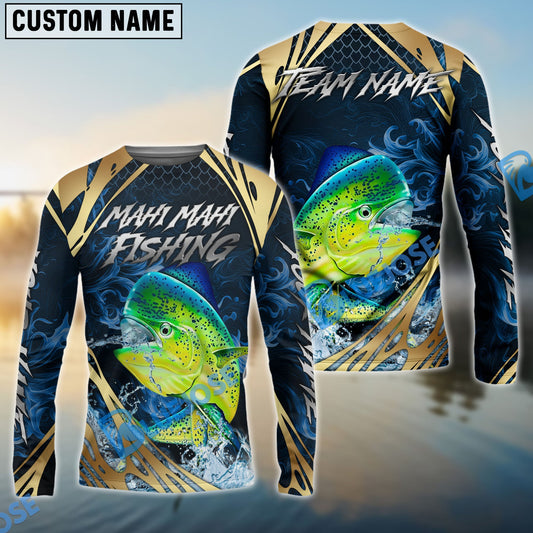 Bluejose Mahi-Mahi Fishing Blue Wave Gold Pattern Design Custom Name & Team Name 3D Shirts