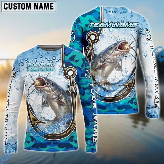 Bluejose Catfish Fishing Hook Blue Camo Water Splash Custom Name & Team Name 3D Shirts