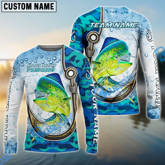 Bluejose Mahi-mahi Fishing Hook Blue Camo Water Splash Custom Name & Team Name 3D Shirts