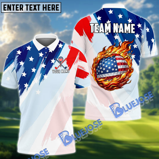 BlueJose Golf American Flag Flame Customized Name, Team Name 3D Shirt