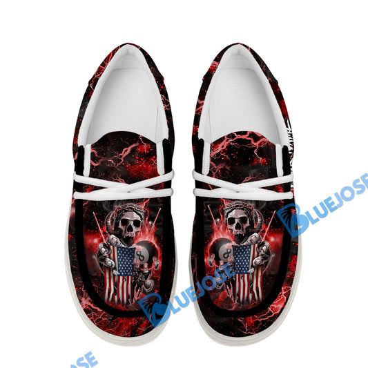 BlueJose Billiards Ball 8 Fire Skull US Flag Red White Canvas Loafer Shoes