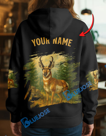 BlueJose Black Pronghorn Hunter Personalized Name Hoodie For Hunting Lover