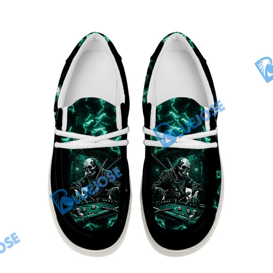 BlueJose Billiards Skull Fire White Canvas Loafer Shoes (4 Colors)