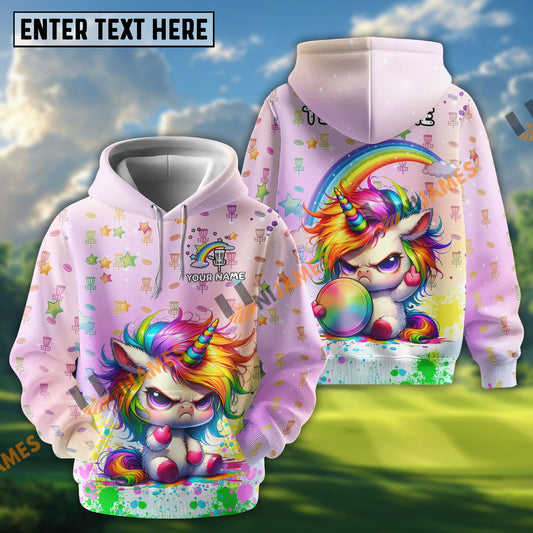 BlueJose Disc Golf Cute Angry Unicorn Rainbow Customized Name, Team Name 3D Shirt