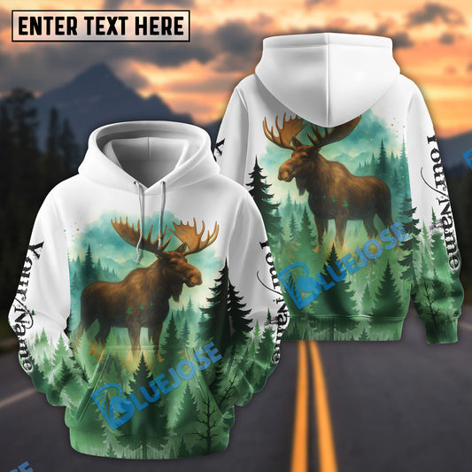 BlueJose White Moose Hunting Watercolor Art Personalized Name Hoodie For Hunting Lover