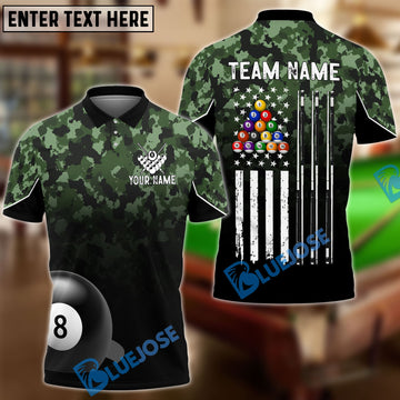 BlueJose Billiards Ball 8 American Flag Camo Personalized Name, Team Name Unisex Shirt ( 4 Colors )