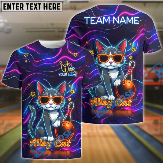 BlueJose Bowling Neon Alley Cat Cartoon Personalized Name, Team Name 3D Shirt