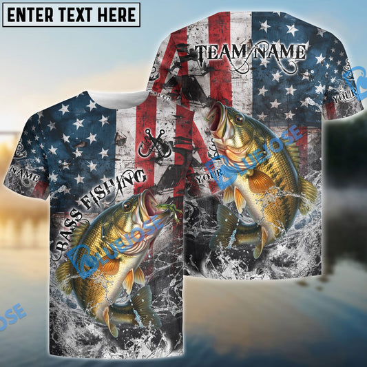 Bluejose Bass Fishing American Flag Vintage Splash Art Custom Name & Team Name 3D Shirts