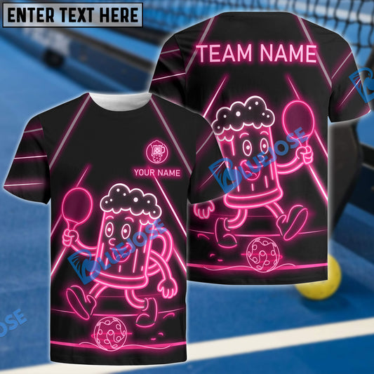 BlueJose Funny Beer Pickleball Shirt Neon Mascot Style Multicolor Options Customized Name & Team Name 3D Shirts