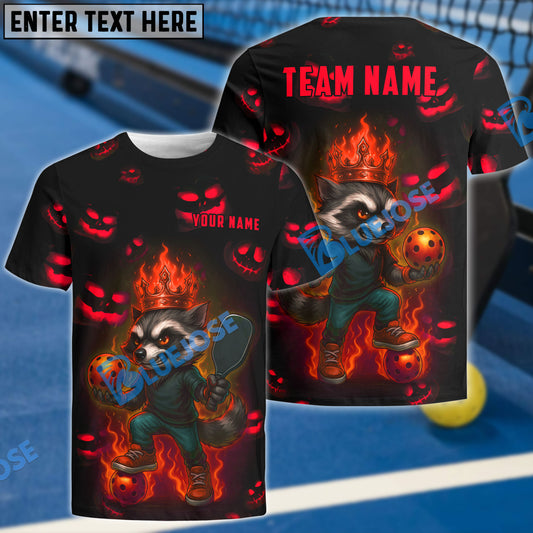 BlueJose Pickleball Neon Raccoon Flame Crown Customized Name & Team Name 3D Shirts