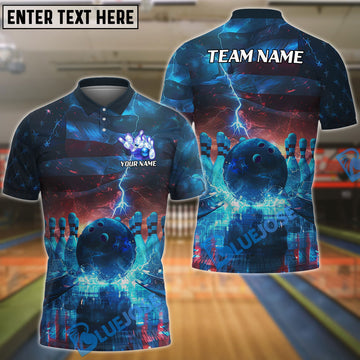 BlueJose Bowling Lightning American Flag Customized Name, Team Name 3D Shirt