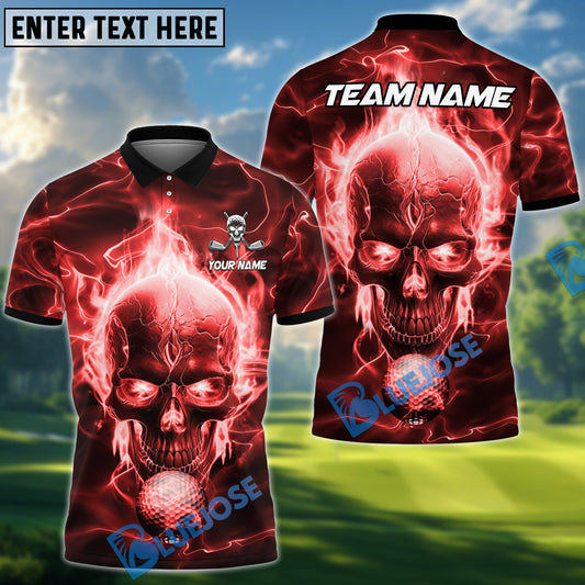 BlueJose Golf Skull Ball Fire Pattern Customized Name, Team Name 3D Shirts (4 Colors)