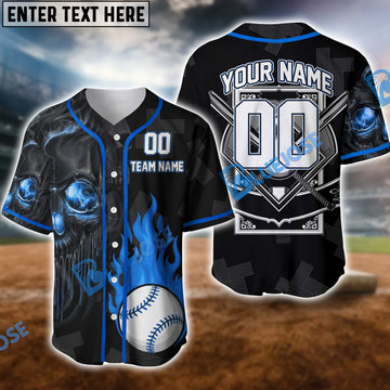BlueJose 3D Skull Flame Baseball Jersey, Personalized Team Name & Number (4 Color Options)