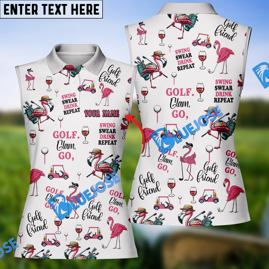 BlueJose Flamingo Golf And Wine Polo Shirt, Funny Women Sleeveless Polo Shirt, Custom 3D Shirt
