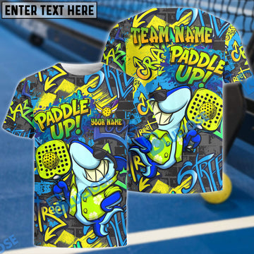 BlueJose Pickleball Graffiti Shark Paddle Up Customized Name & Team Name 3D Shirts